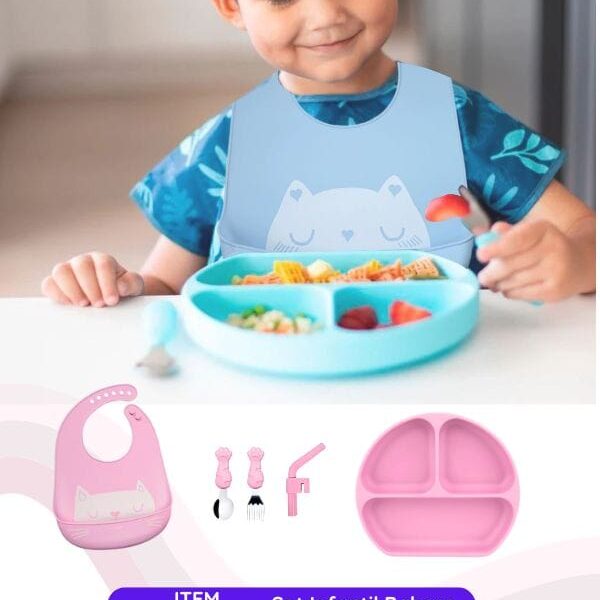 Set Infantil Babero con Plato Tres Divisiones, Colores Variados, Ideal para Bebé