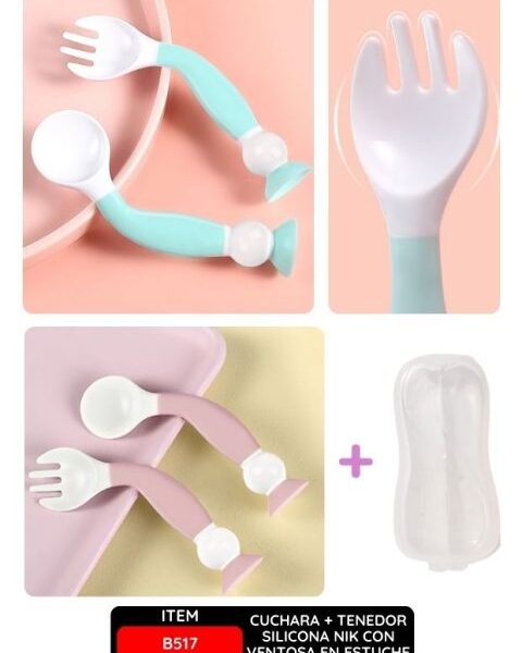 CUCHARA + TENEDOR SILICONA NIK CON VENTOSA