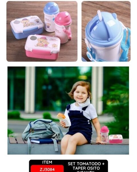Set Tomatodo + Taper Osito Infantil, Celeste y Rosado, Ideal para Bebé