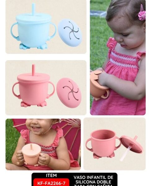 Vaso Infantil de Silicona Doble Tapa con Cañita
